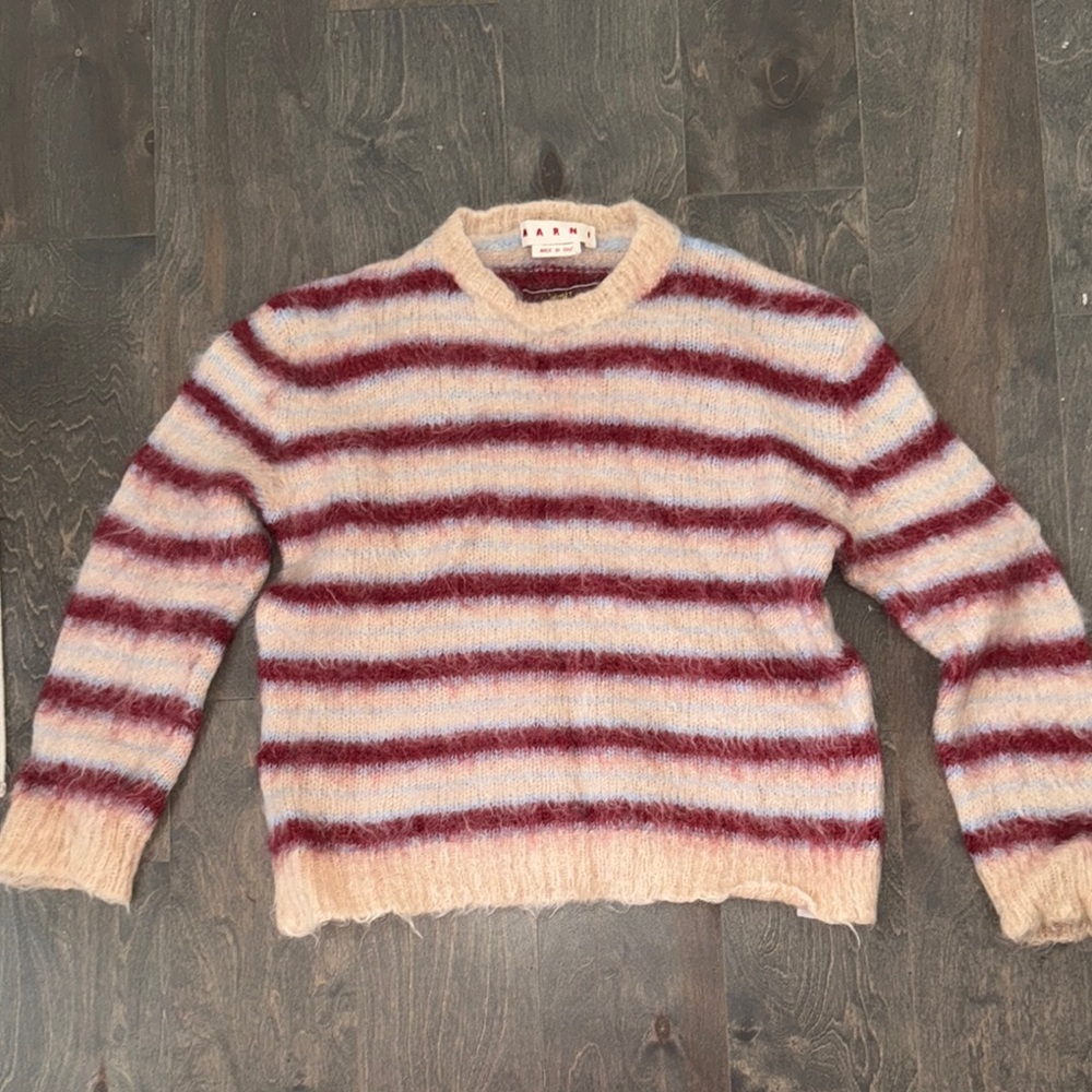 Marni Cream and Red Crew Neck Sweater with Striped Design..
